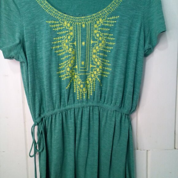 Prana Dress Women M Short Sleeve Embroidery Cinch Waist Athleisure Green Yellow - Picture 4 of 15